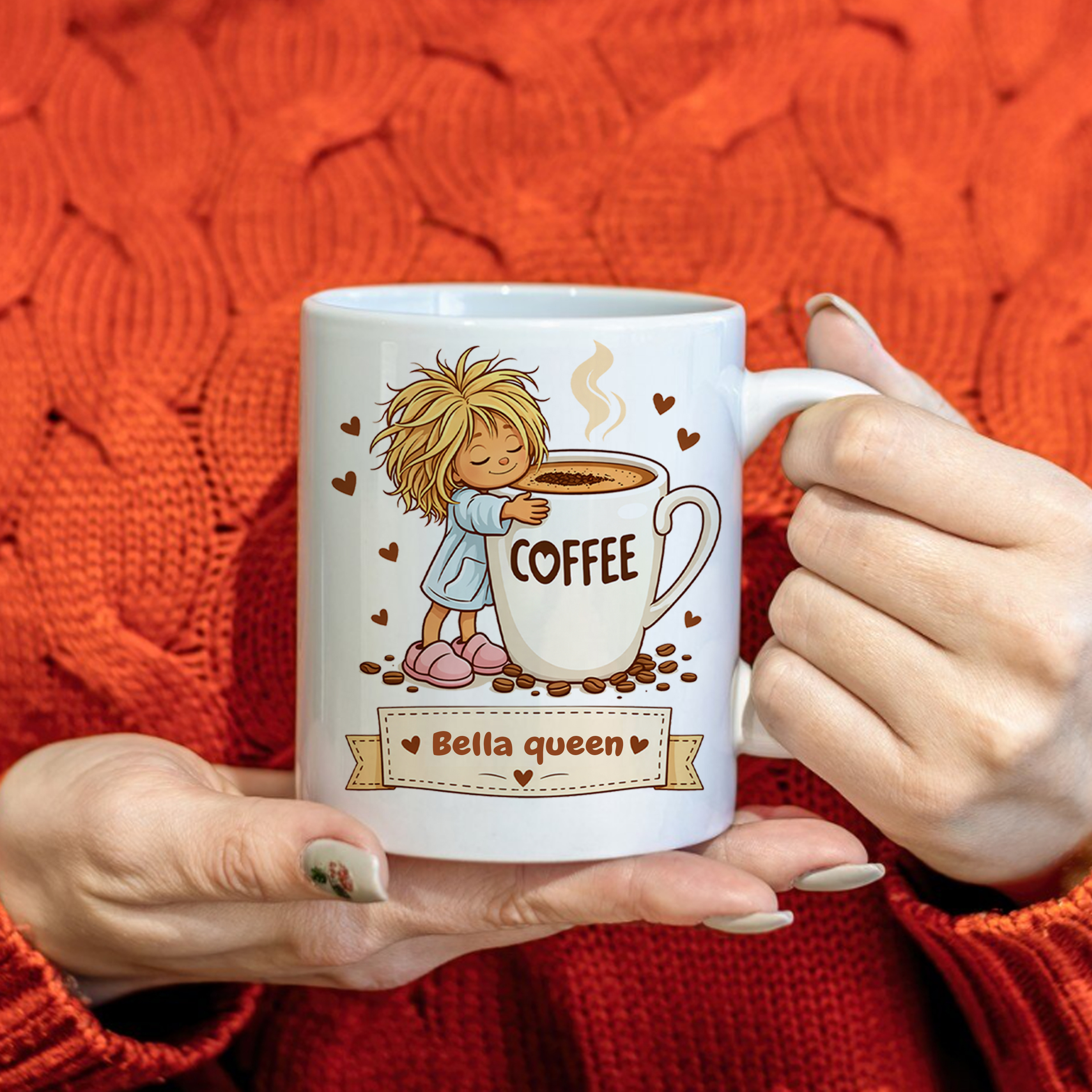 Personalised Cute Girl Hugging Coffee Cup